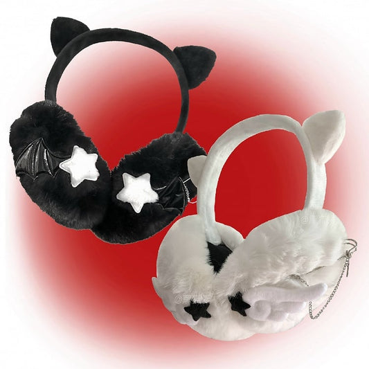 Black White Y2K Cat Ear Star Wing Plush Earmuffs