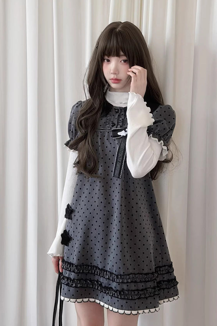 Ash Doll-Collar Polka Dot Bow Lolita Gown with Short Sleeves