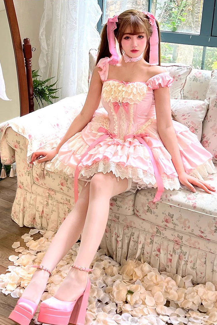 Pink Candy Multi-Layer Ruffle Bow Ballet Lolita Dress - Strawberry Candy