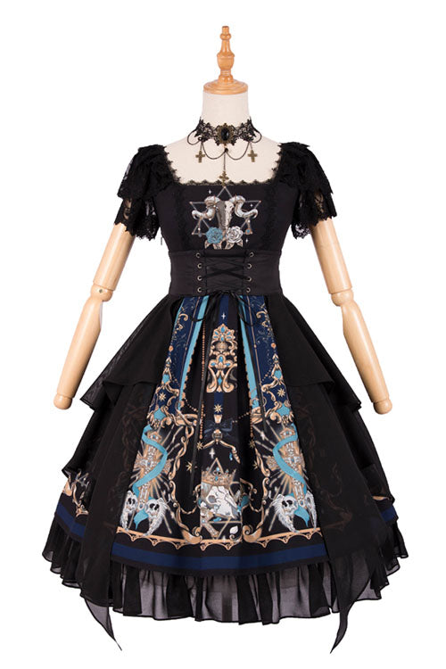 Gothic Lace Ruffle Square Collar Short Sleeve Lolita OP Dress