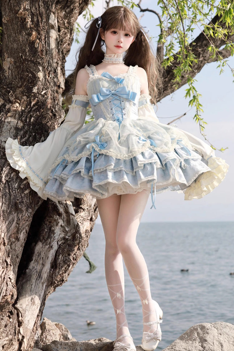 Azure Strapless Tiered Ruffled Bow Corset Princess Lolita Jumper Dress