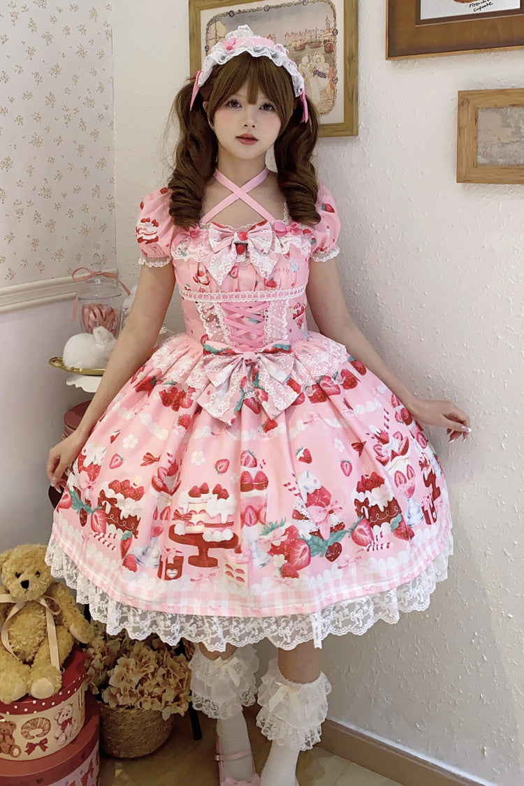 Pink Strawberry Parfait Print Ruffle Bow Lace-Up Lolita Dress