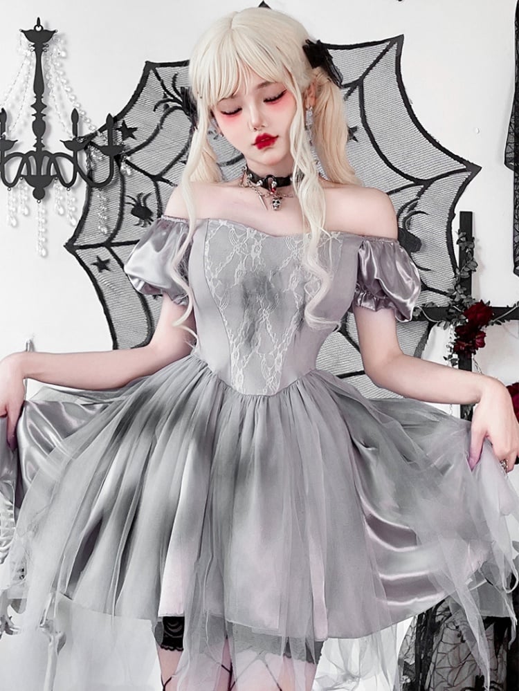 Halloween Gray Puff Sleeves Dress Costume