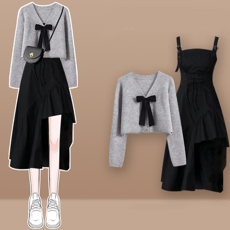 Bow Knot Cardigan Sweater Lace Up Irregular Slip Dress Set