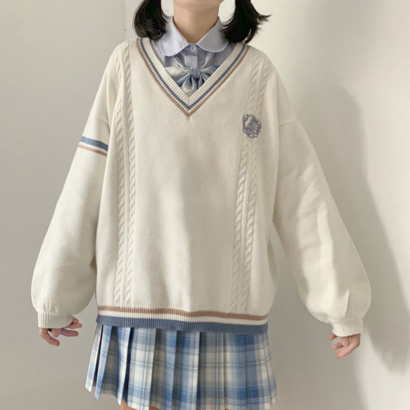 Embroidery Stripe College Style Sweater