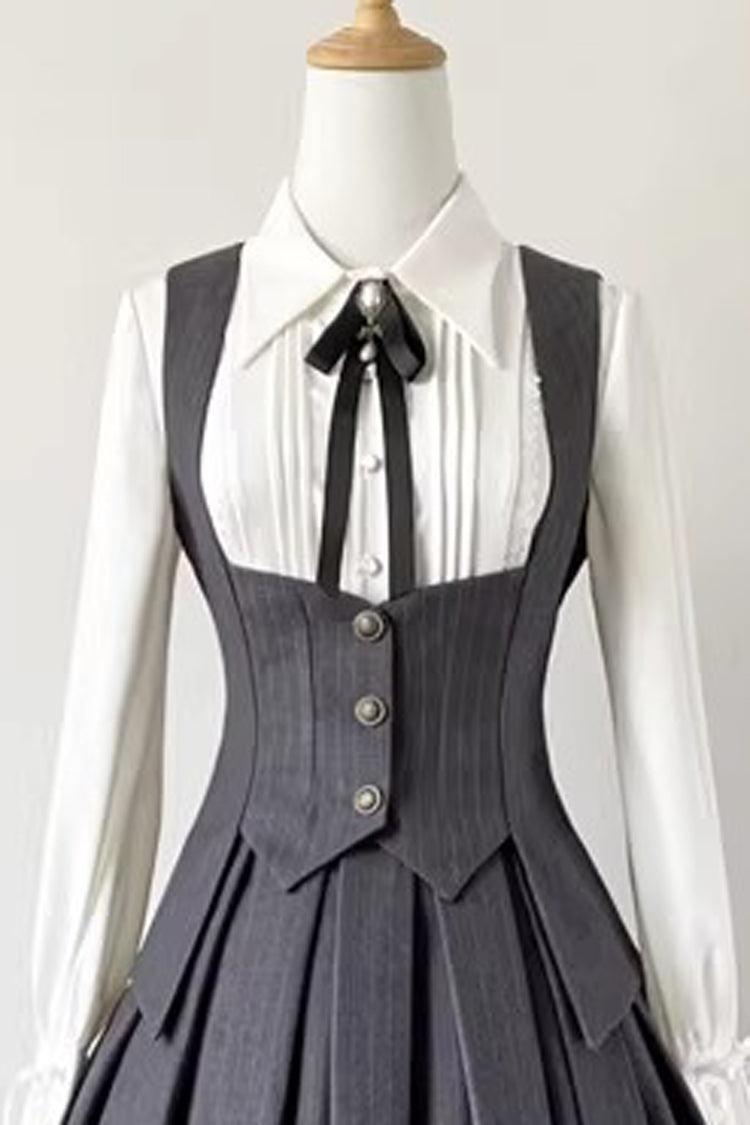 Ash Striped Gothic Skirt-Vest Ensemble with Ruffle Trim