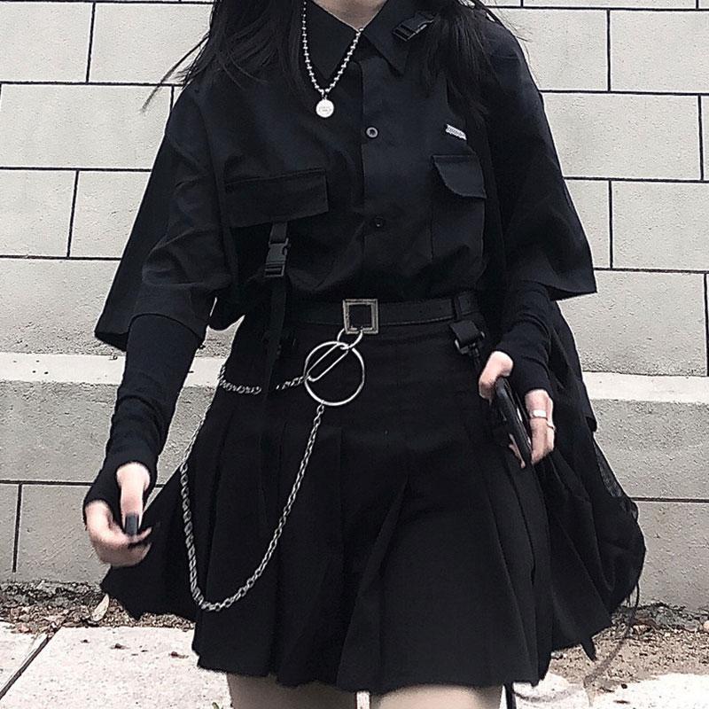 Black Dark Pocket T-Shirt Skirt Set