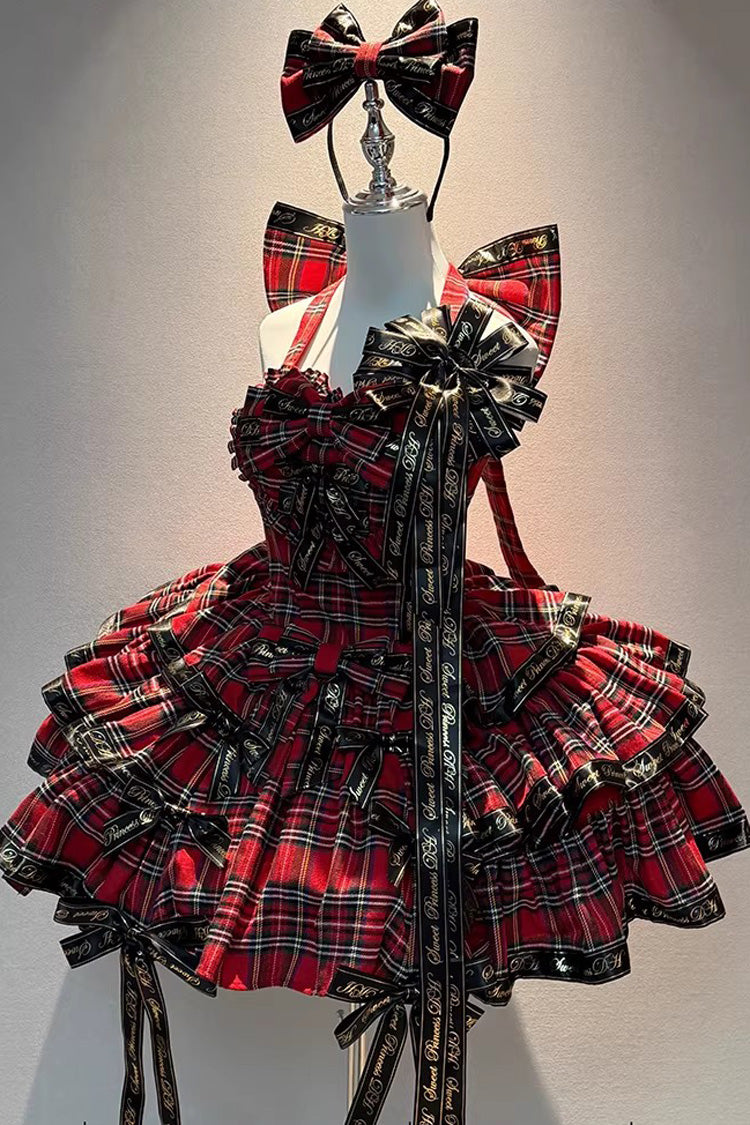 Crimson Rock Kitty Sleeveless Triple-Layer Printed Ruffled Bow Gothic Lolita JSK