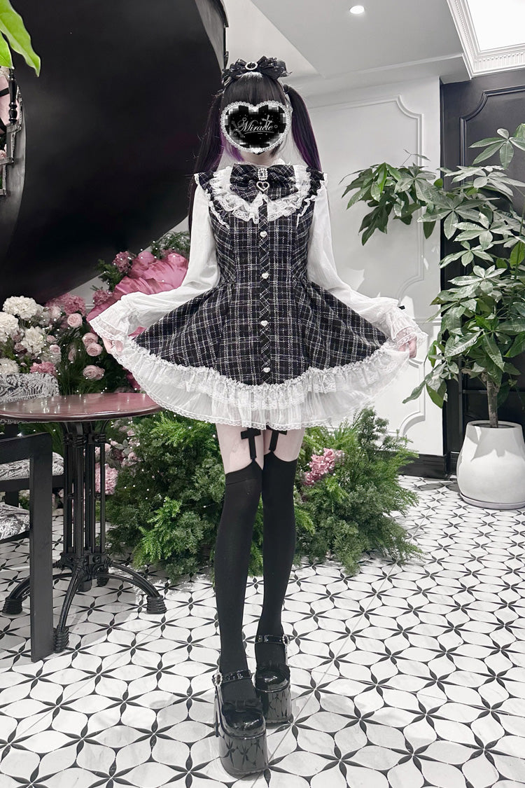 Plaid Printed Ruffled Bow Lace Sweet Jirai Kei Japanese Dress Shorts Set