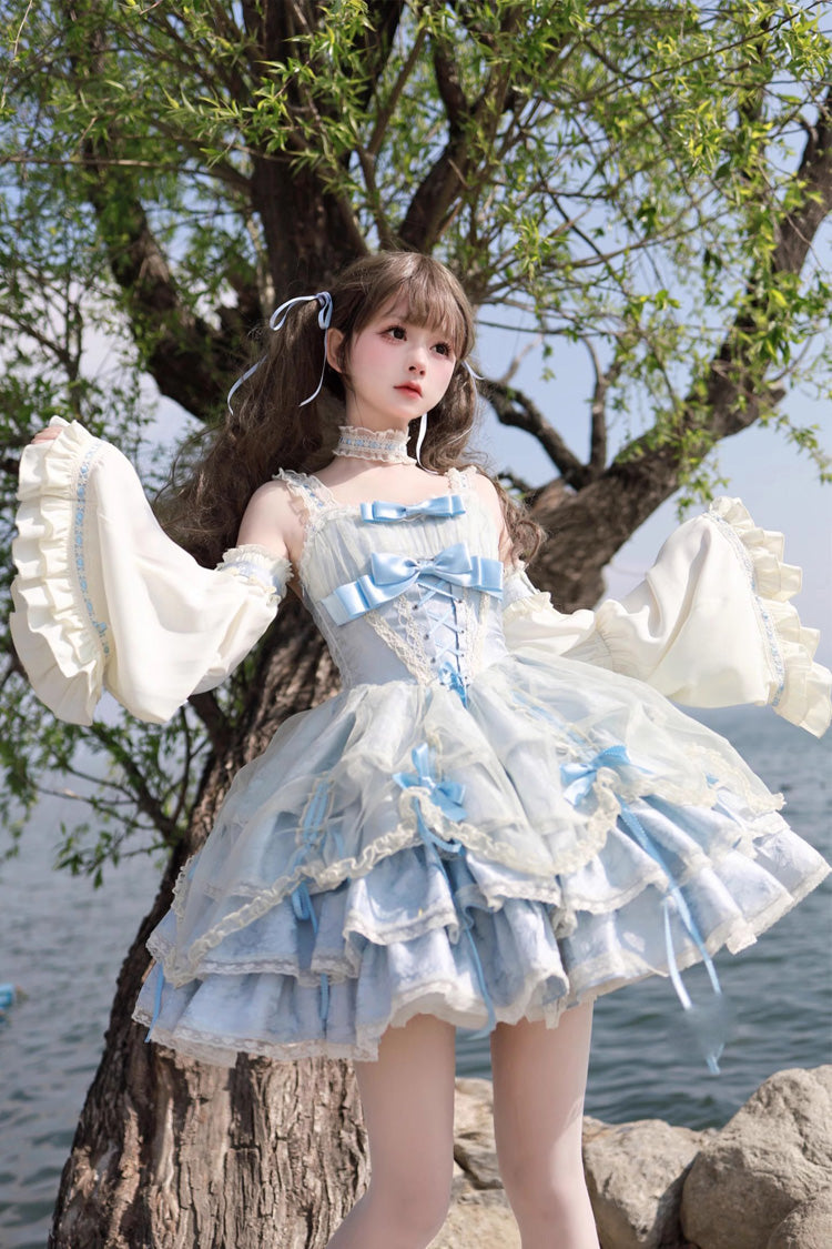 Azure Strapless Tiered Ruffled Bow Corset Princess Lolita Jumper Dress