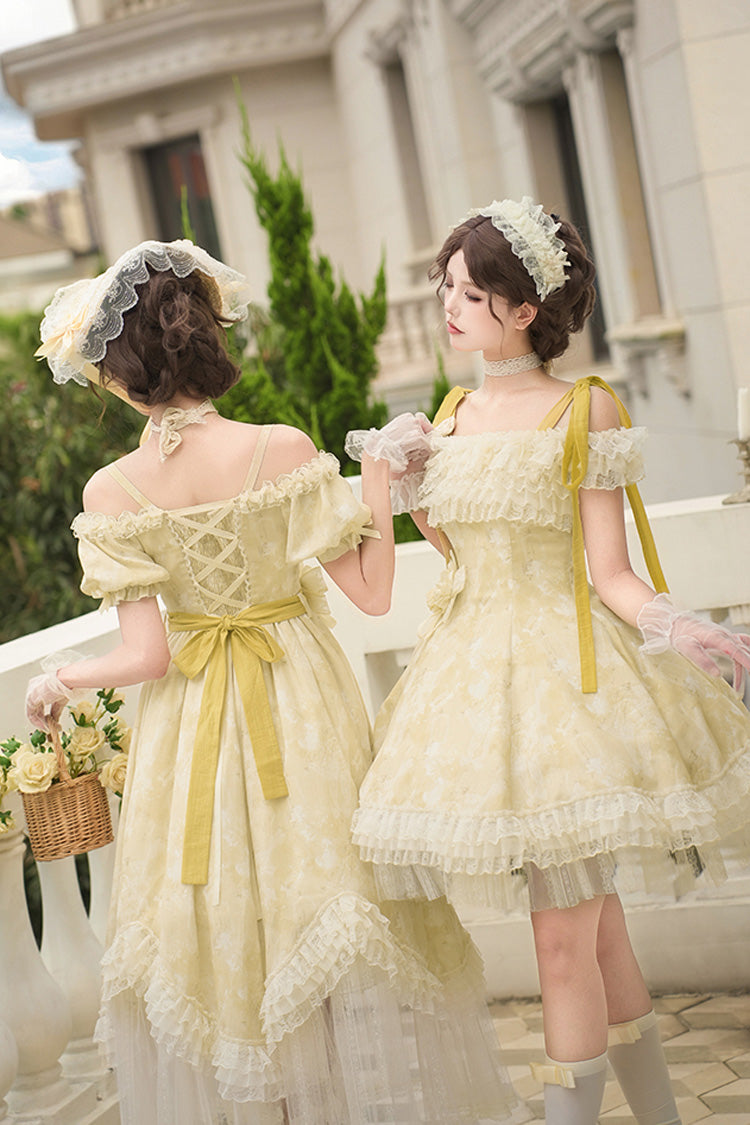 Golden Square Collar Short Sleeve Printed Ruffle Lace Sweet Elegant Long Gown - Falling Flowers as a Message