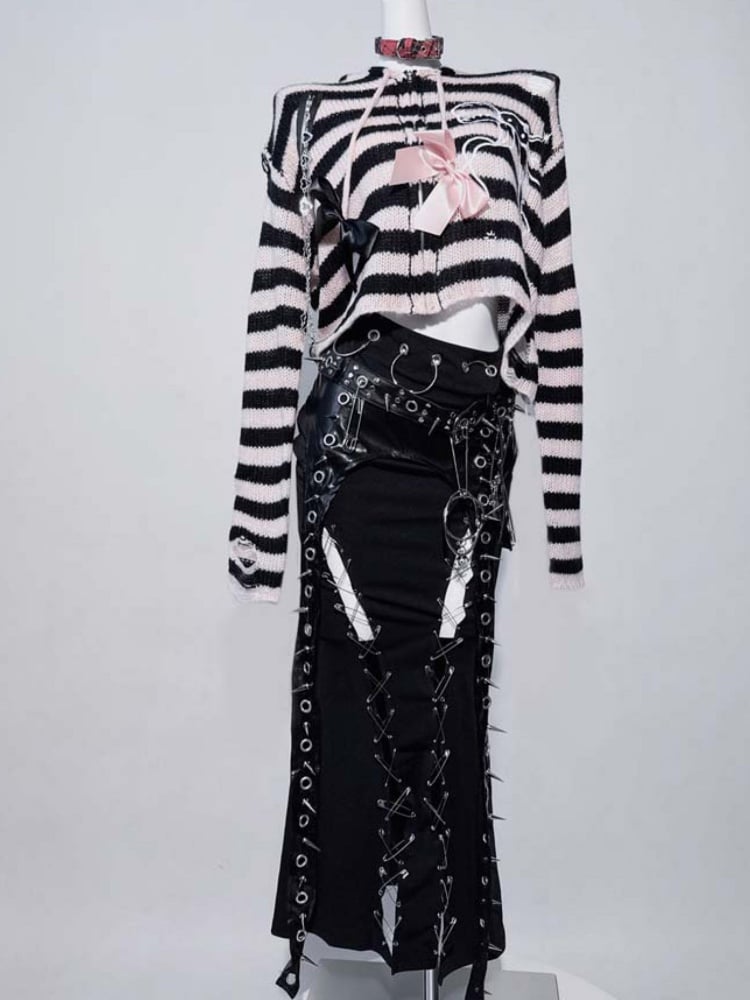 Black Punk Ring Stud Thigh-high Slit Mermaid Skirt