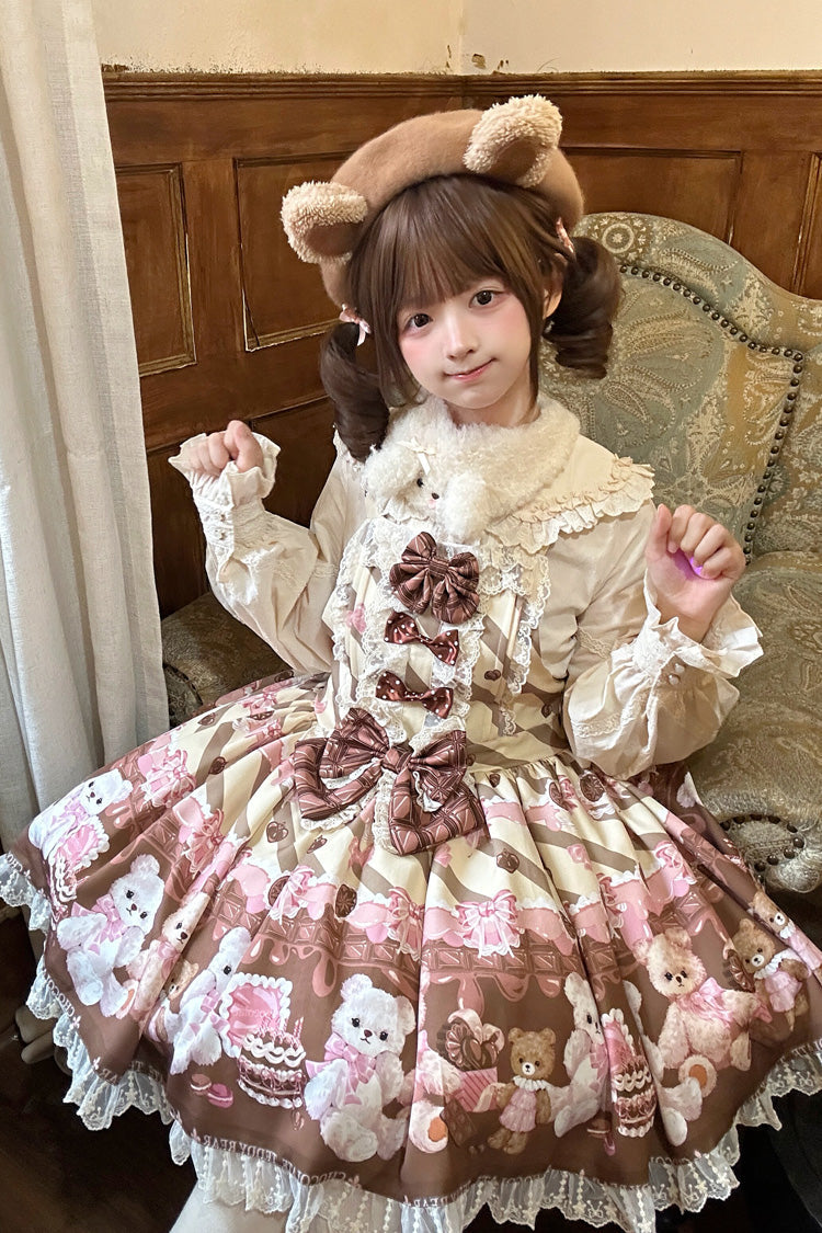 Chocolate Brownie Sleeveless Printed Ruffled Bow Lace Sweet Strap Dress