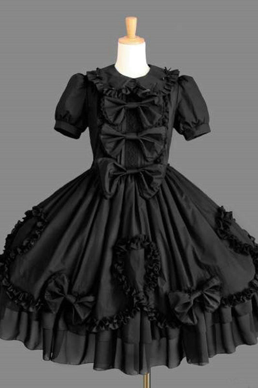 Cotton Lapel Collar Short Sleeves Bowknot Ruffled Multi-Layer Gothic Lolita Dress