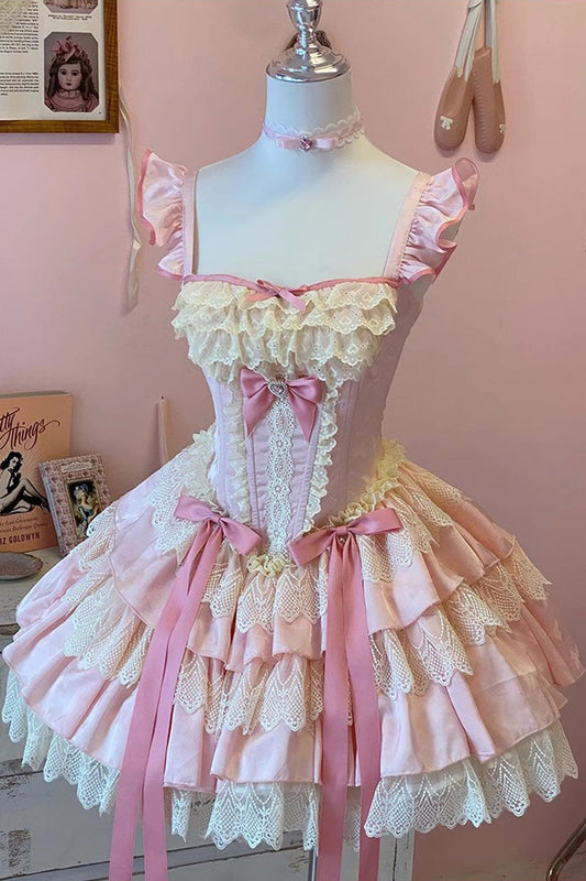 Pink Candy Multi-Layer Ruffle Bow Ballet Lolita Dress - Strawberry Candy