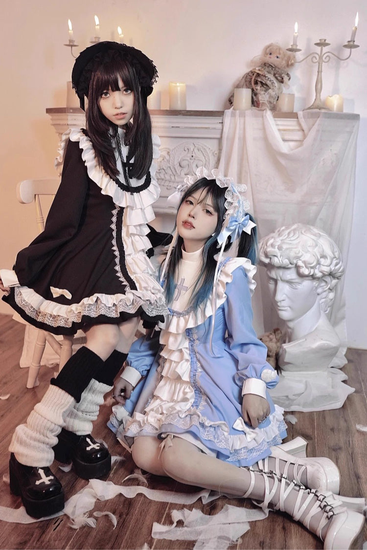 Long Sleeves Multi-layer Cross Print Nun Style Ruffle Gothic Lolita Dress