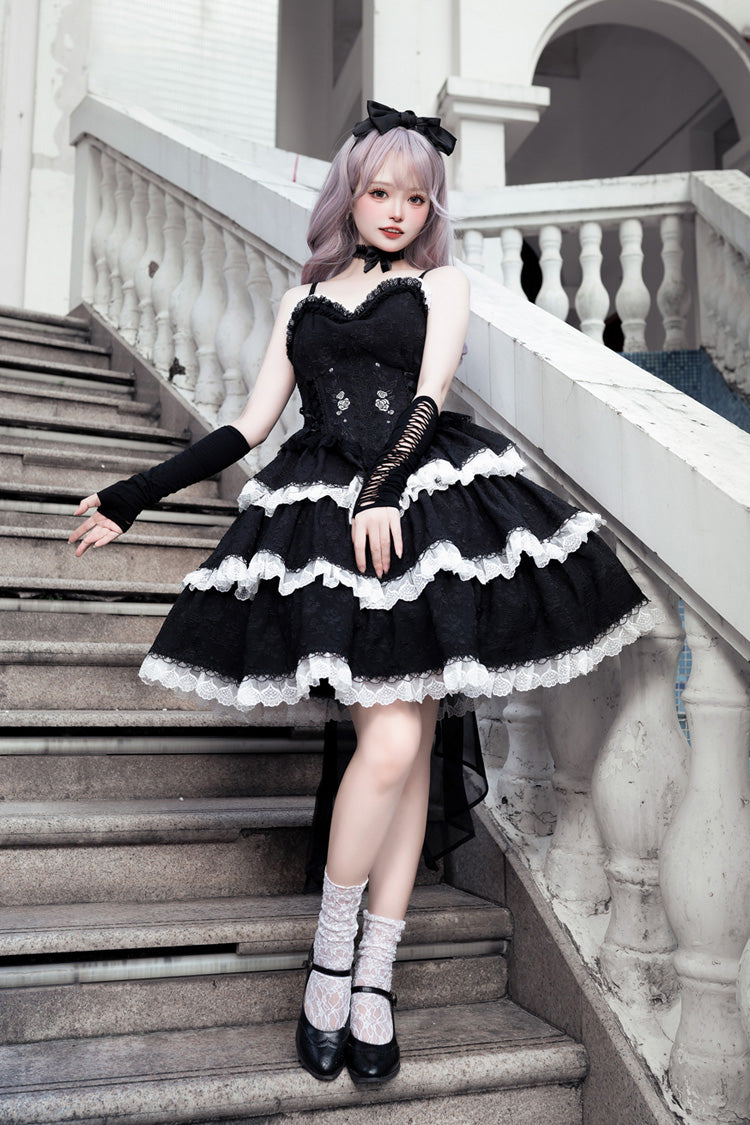 Midnight Ruffled Embroidered Bow Accent Gothic JSK Frock