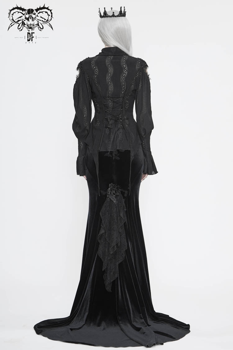 Women's Gothic Blouse in Black with Webbing Appliques, Lantern Sleeves & Back Lace-Up