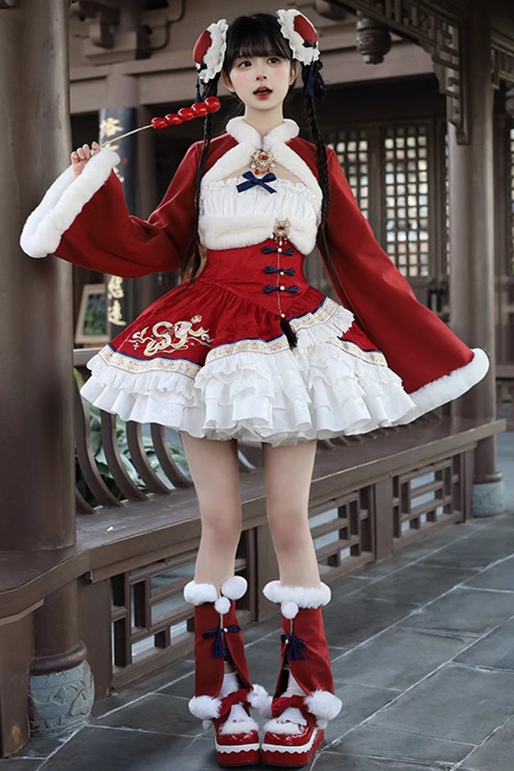 Embroidered Ruffled Bow Sweet Chinese JSK Dress in 2 Colorways