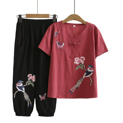 Vintage Bird Embroidery Buckle T-Shirt Pants Set