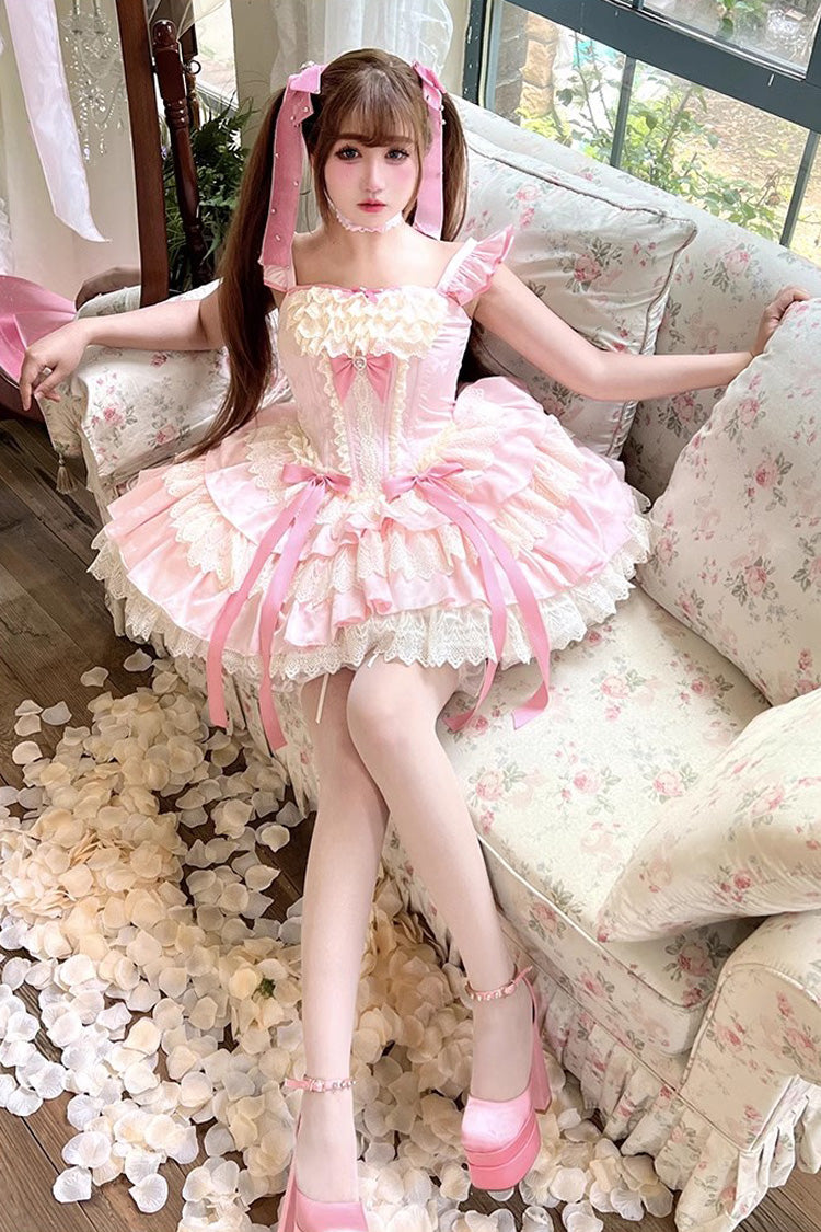 Pink Candy Multi-Layer Ruffle Bow Ballet Lolita Dress - Strawberry Candy