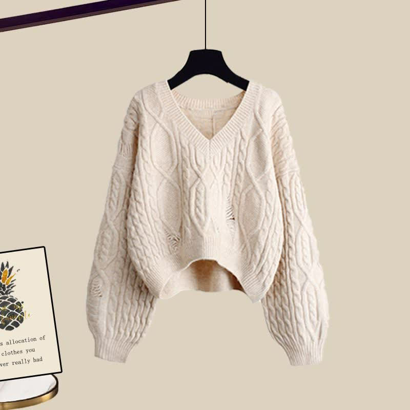 Elegant Cable Knit Sweater Lapel Long Sleeve Dress