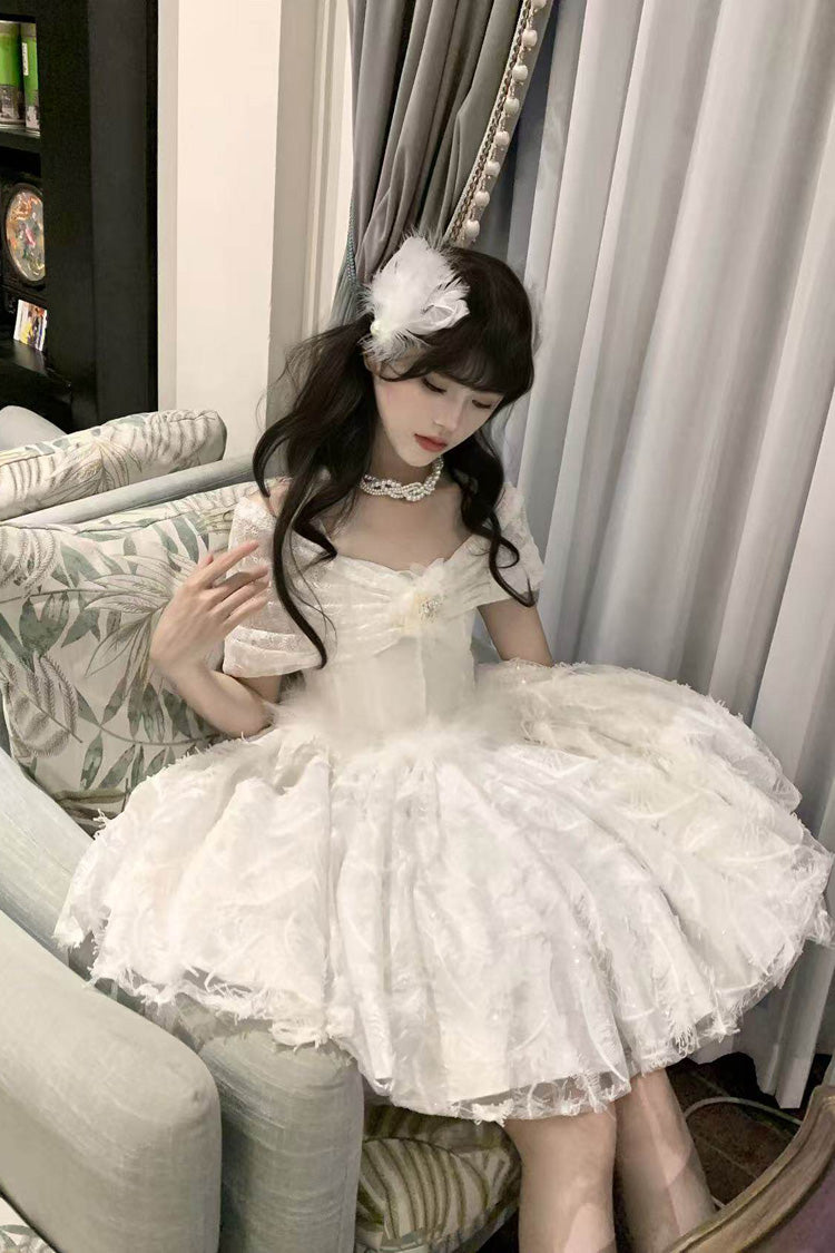 White Moonlight Off-Shoulder Jacquard Embroidered Bow Gothic JSK