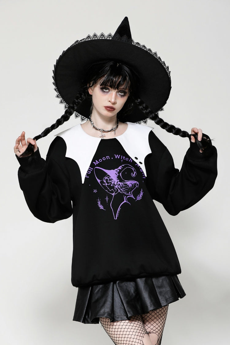 Monochrome Gothic Vintage Sweatshirt with Peter Pan Collar and Long Sleeves