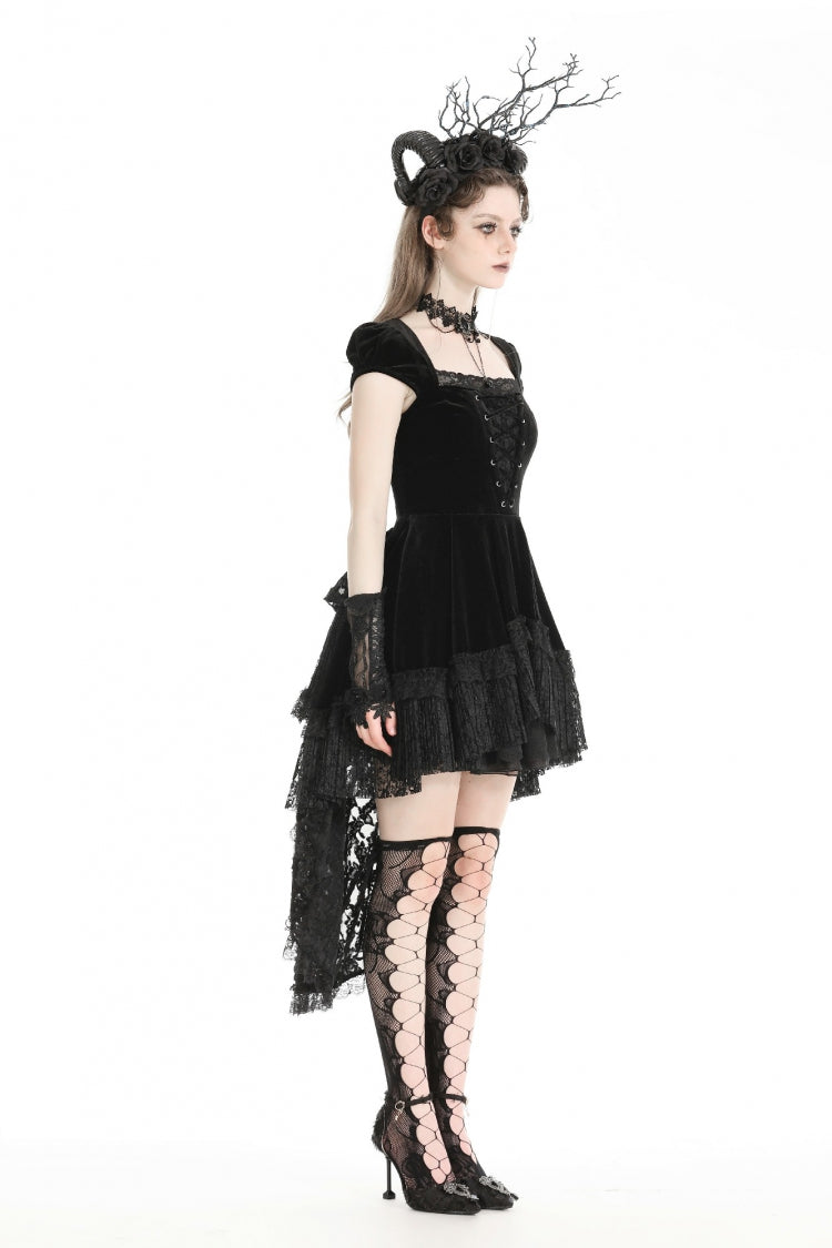 Noir Gothic Velvet Gown with Lace-Up and Square Neckline