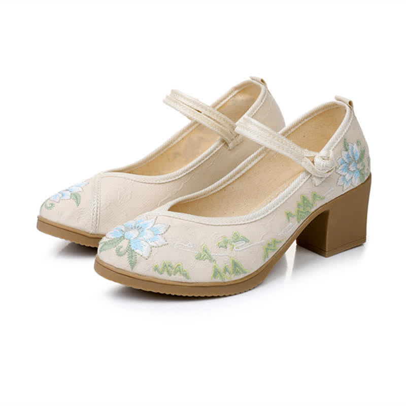 Vintage Floral Embroidery Canvas High Heel Shoes