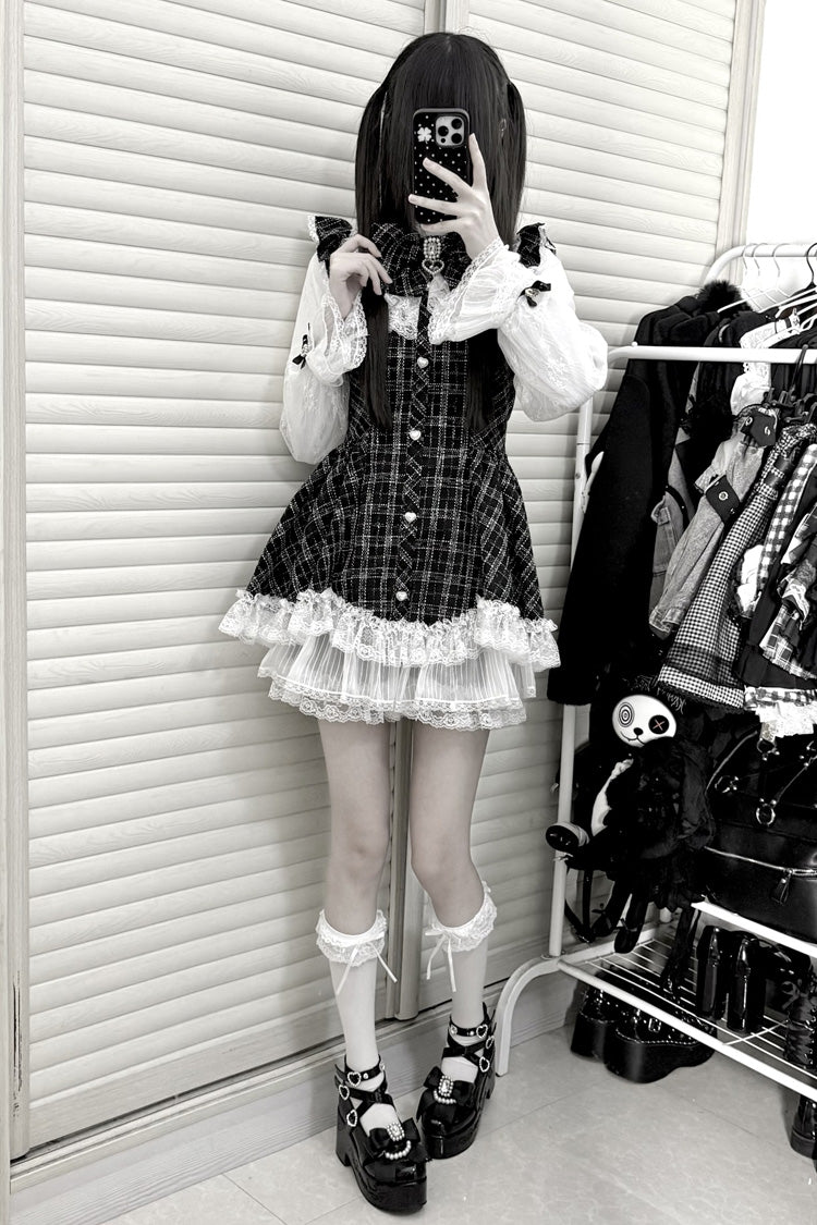 Plaid Printed Ruffled Bow Lace Sweet Jirai Kei Japanese Dress Shorts Set