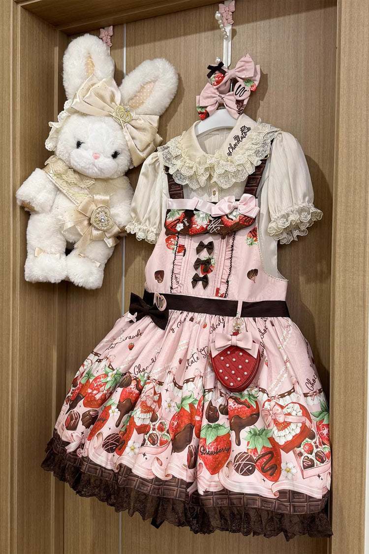 Sleeveless Printed Ruffled Embroidered Bow Lace Sweet Lolita Strap Dress - Strawberry Chocolate Lover