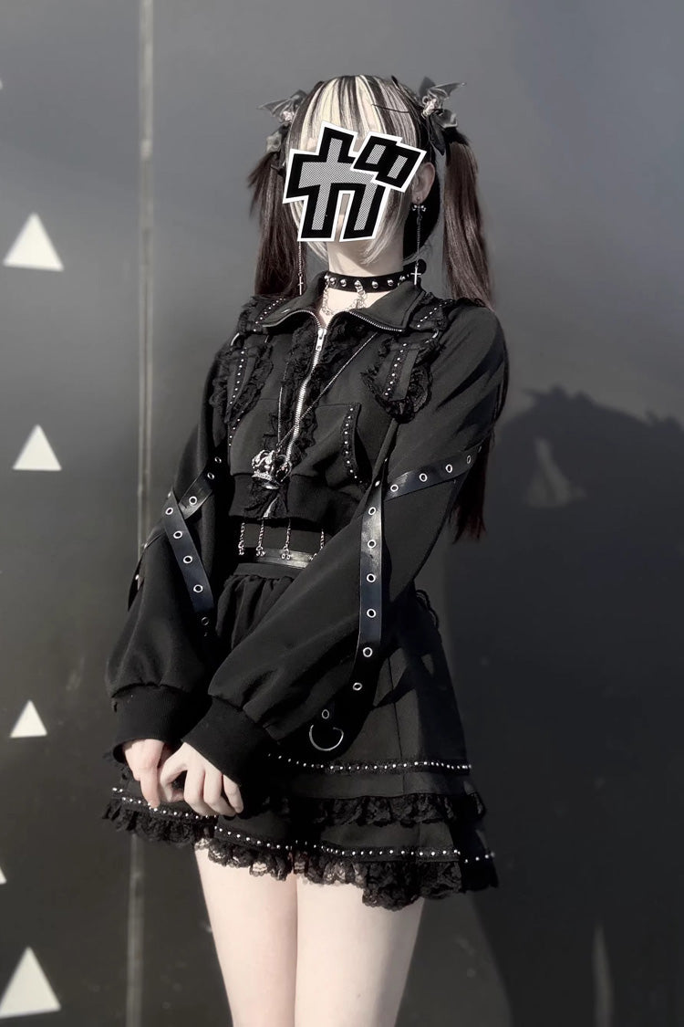 Ruffled Lace Zippered Gothic Jirai Kei Handsome Skirt Set