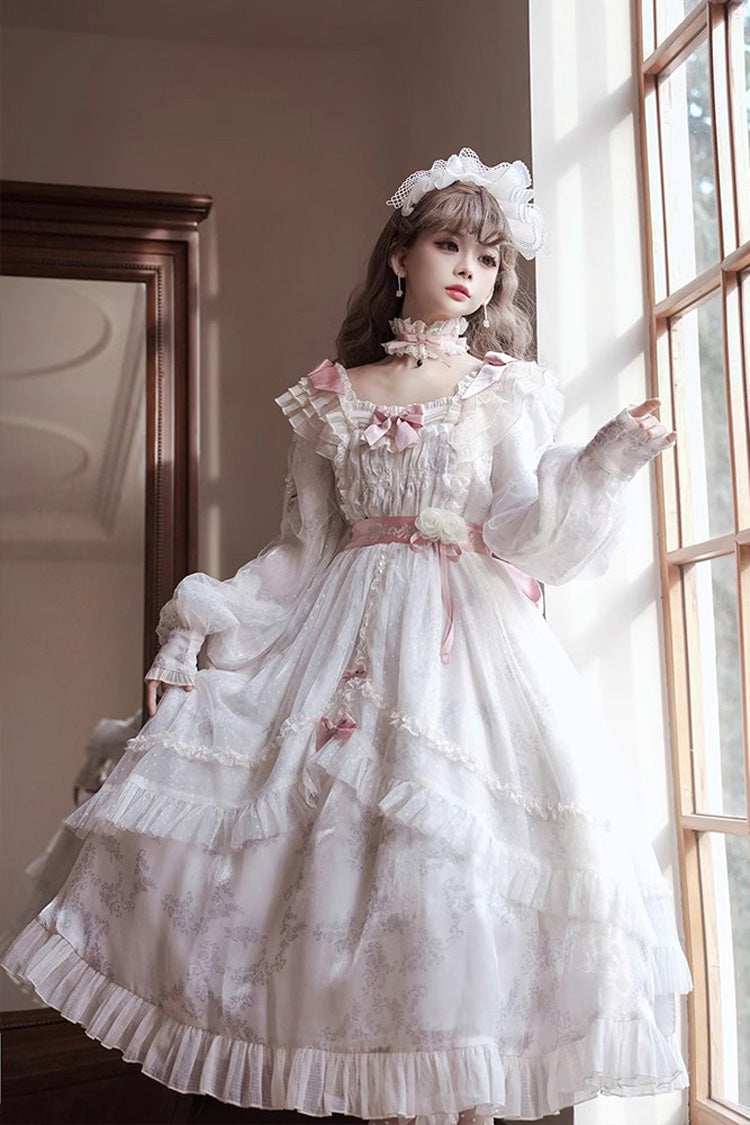 Ivory Rose Print Dress with Bowknot - Princess Lolita