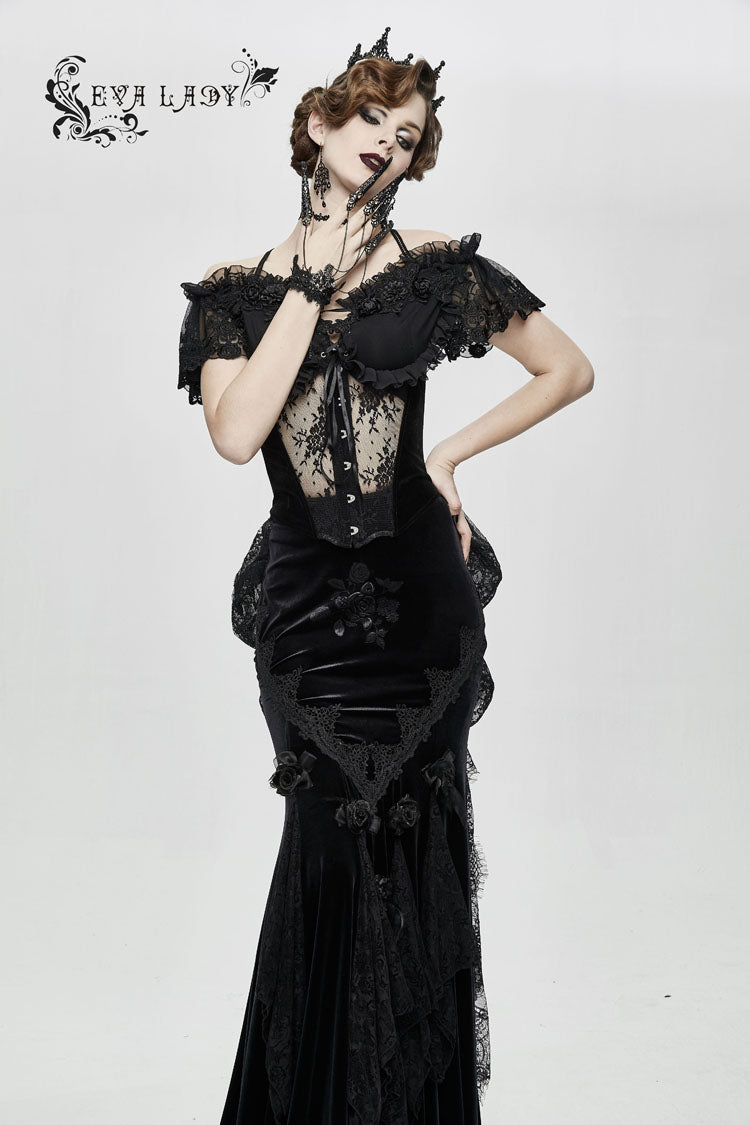 Gothic Sheer Floral Lace Ruffled Fitted Corset with Detachable Hem