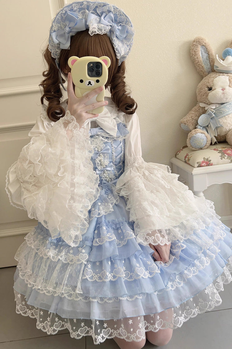 Blue Love Overture Multilayer Ruffled Bowknot Lace Sweet Lolita JSK