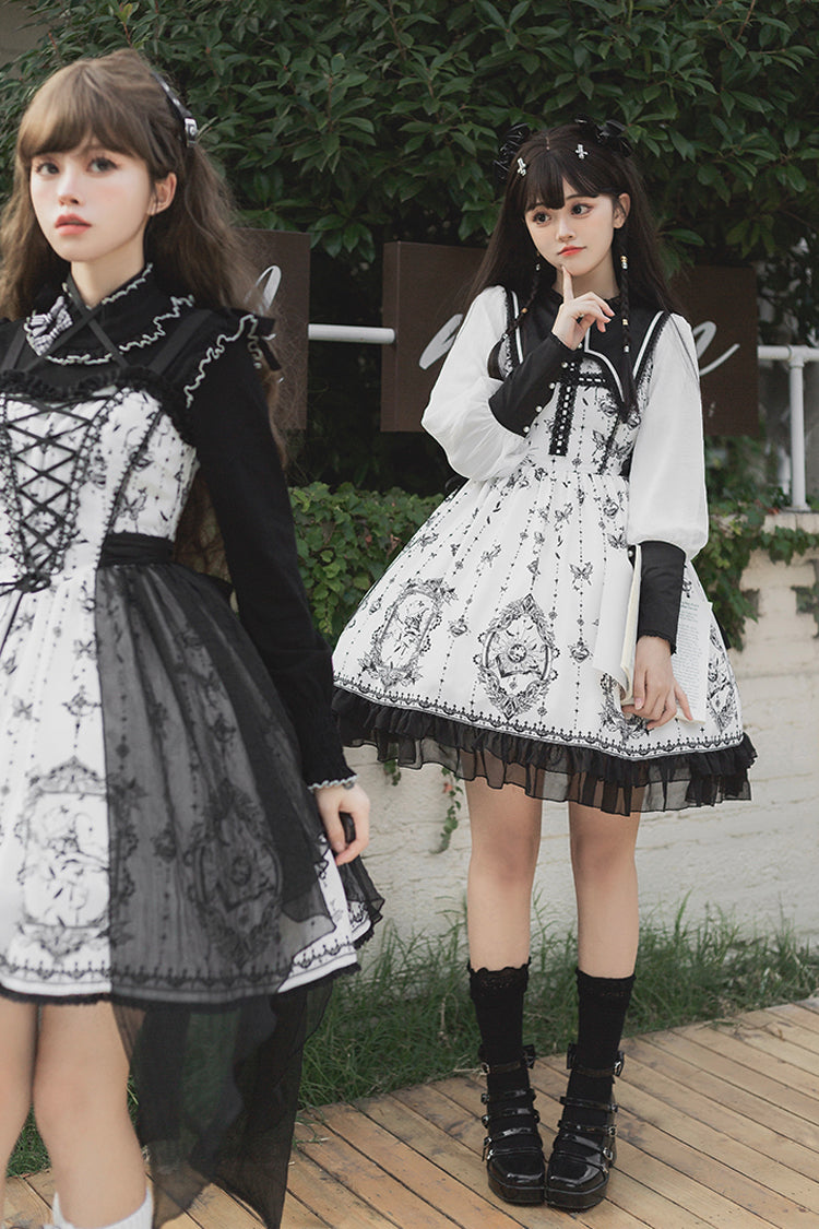 Monochrome Lace Butterfly Print Gothic Lolita One-Piece Dress