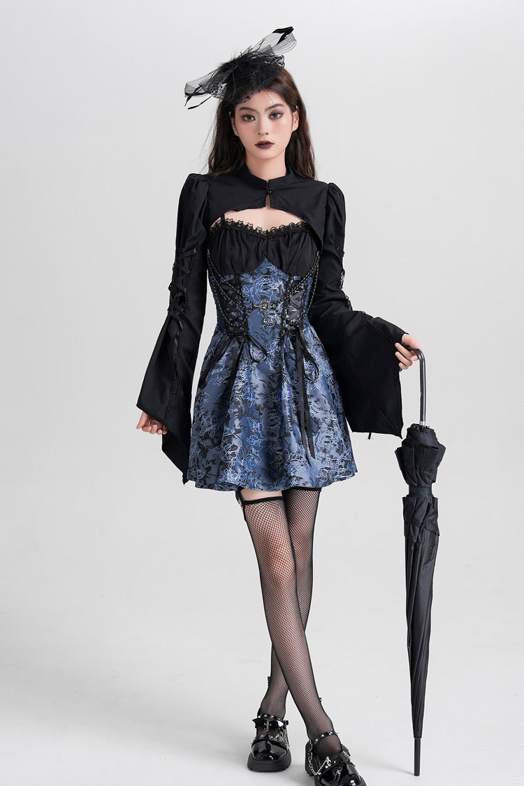 Blue Sleeveless Jacquard Printed Spliced Lace-Up Gothic Vintage Lolita Jsk Dress