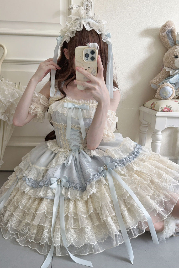 Azure Sleeveless Layered Ruffle Bow Lace Corset Ballet Jumper Dress - Ribbon Heart Love