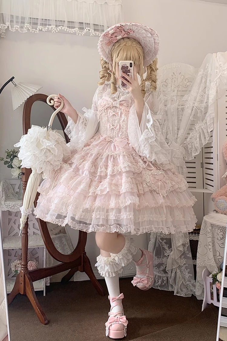 Rosy Ruffle Cascade Bow Embellished Sweetheart Lolita Jumper Dress - Sweetheart Diary