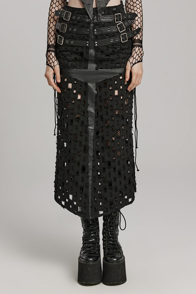 Steampunk Skirt with Cross-Taped Stitching, Lace-Up & Ripped Cutout Details