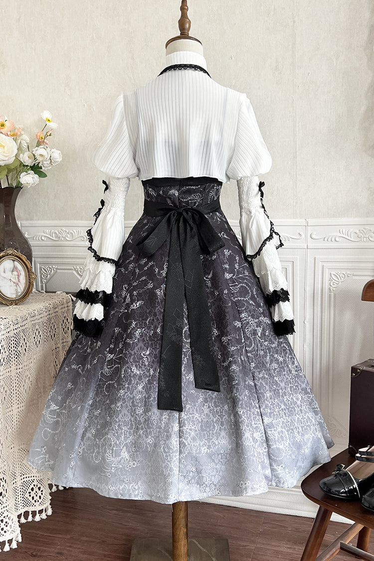 Monochrome Gothic Princess JSK with Bone Print, Ruffled Cardigan, and Lace