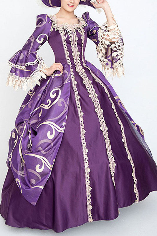 Purple Victorian Dress with Bell Sleeves and Floral Print