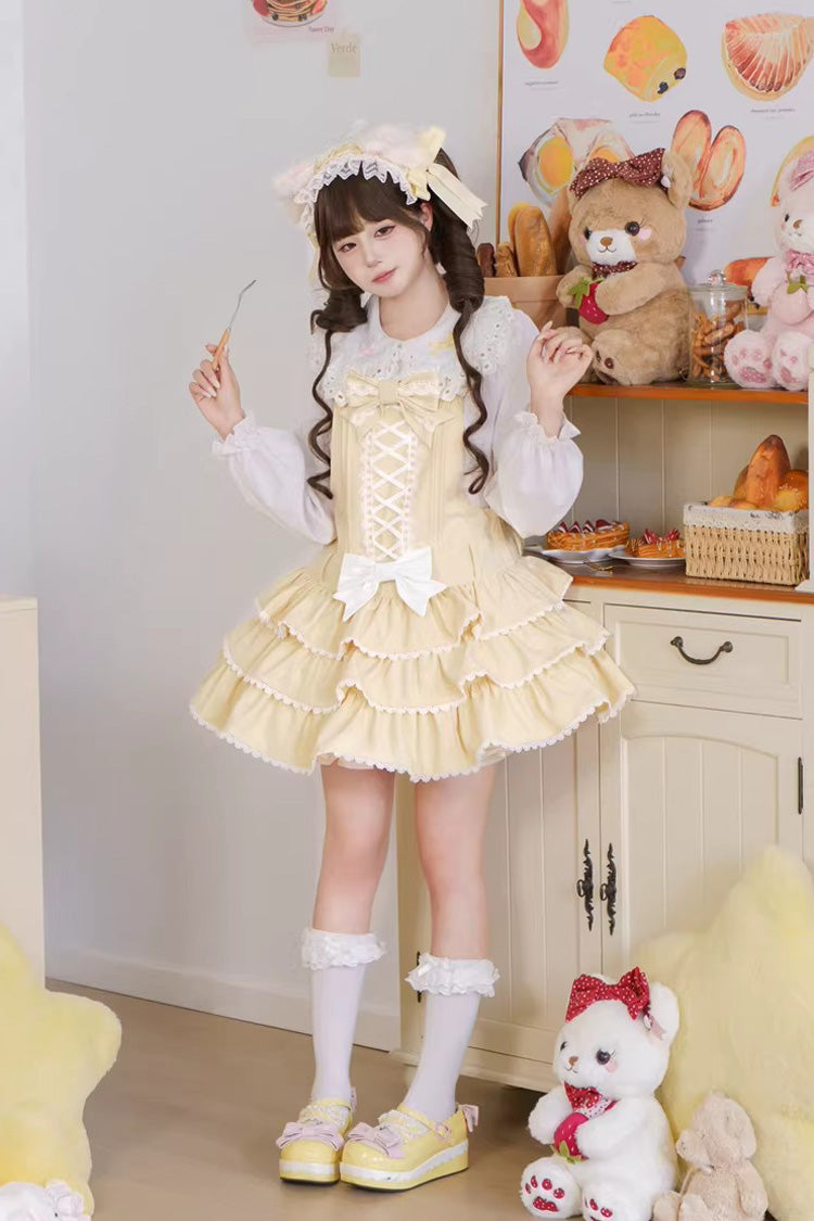 Yellow Nostalgic Showa Custard Cream Puff Sleeveless Triple-Layered Ruffled Bow Lace-Up Tiered Cake Sweet Jsk Dress