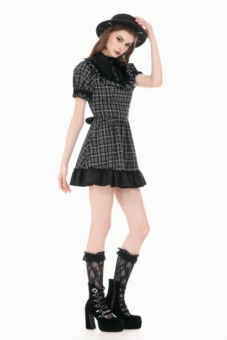 Monochrome Gothic Lolita Dress with Plaid, Stand Collar, and Lace-Up Front