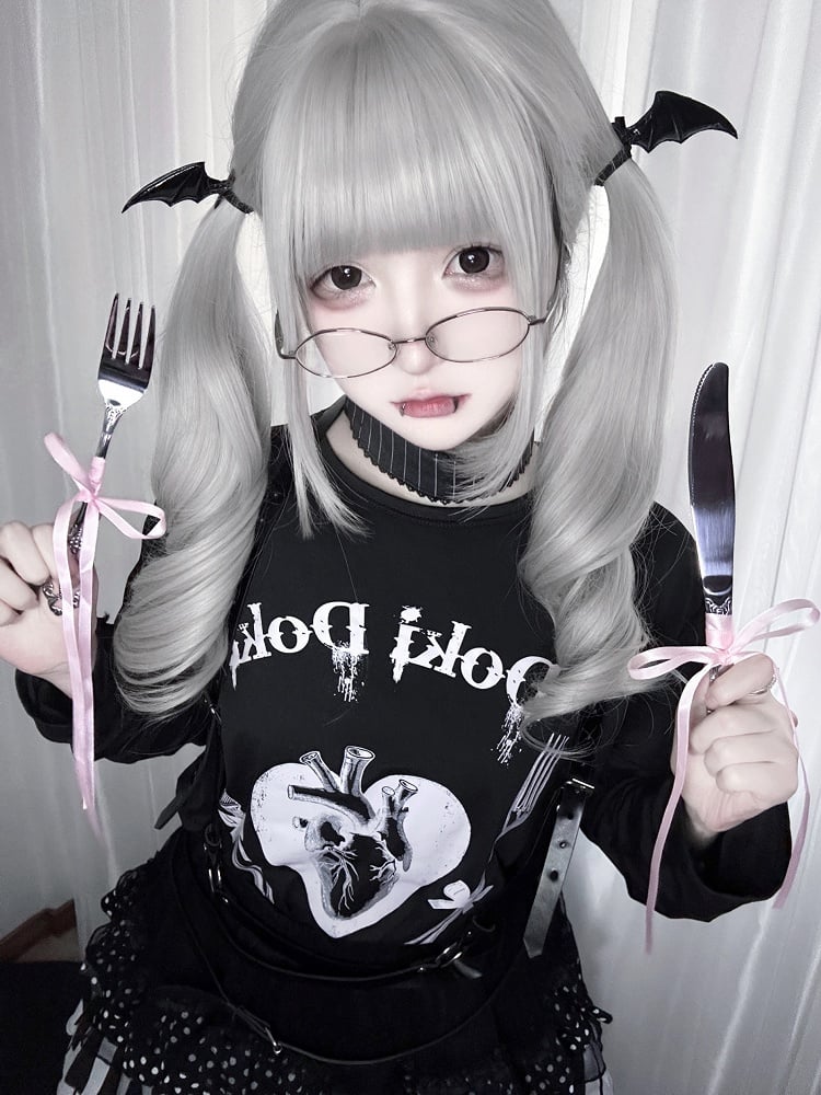 Yami Kawaii Black Heart Print Graphic T-shirt