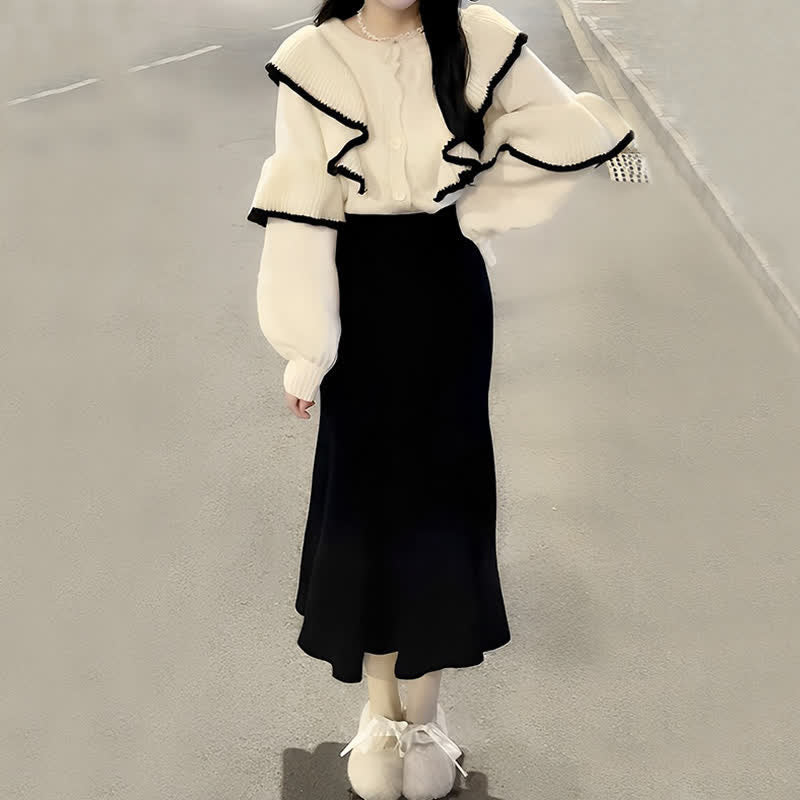 Flouncing Knit Cardigan Sweater Fishtail Skirt