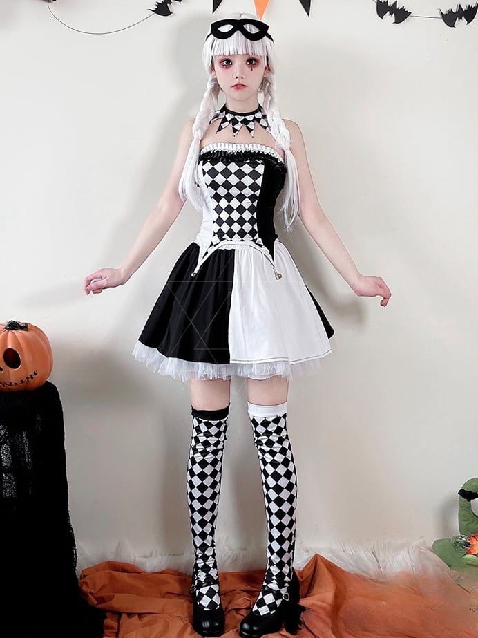 Halloween Black White Clown Costume Top and Skirt