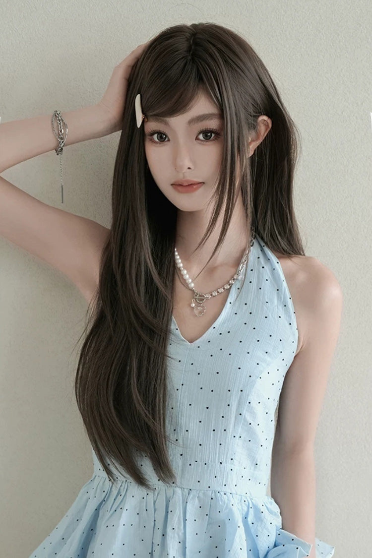 Fluffy Layered Straight Lolita Wig with Air Bangs - Cool Brown