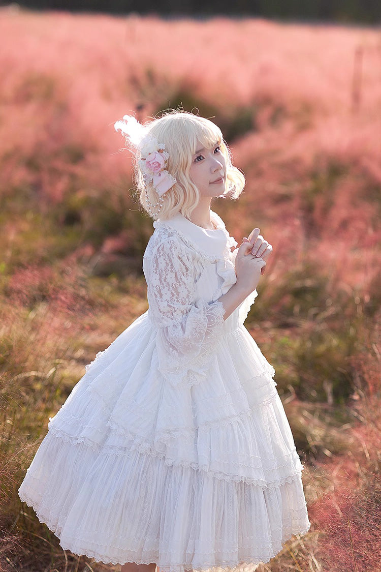 White Sweet Lolita Dress with Tower of Dawn Bowknot and Ruffled Sleeveless